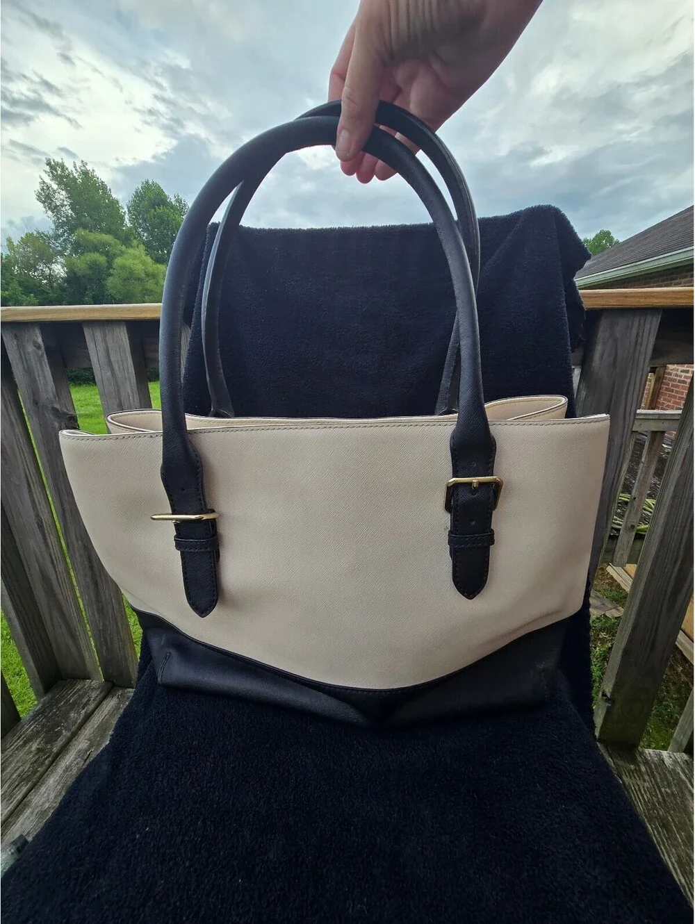 Kate Spade New York Colorblock Tote Handbag Cream Black Leather Shoulder